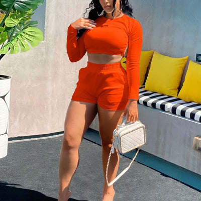 Solid Long Sleeve Backless Bangdage Two Piece Shorts Set