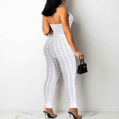 Houndstooth Pattern Sleeveless Halter Sheer Mesh Skinny Jumpsuit