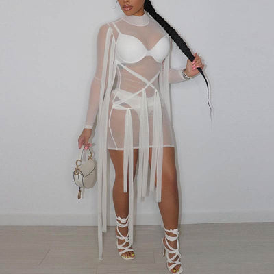 Sheer Mesh Bandage Bodycon Mini Dress