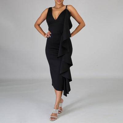 Solid Sleeveless Ruffle Design Midi Dress