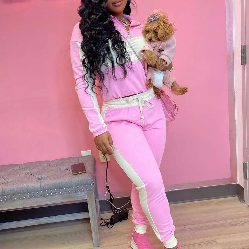 Colorblock Long Sleeve Zipper Design Top & Pants Set