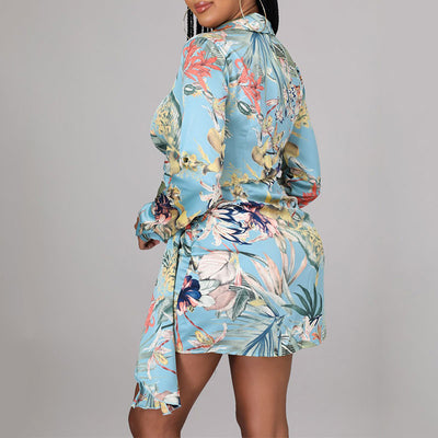 Floral Print V-Neck Long Sleeve Belted Shirt Dress