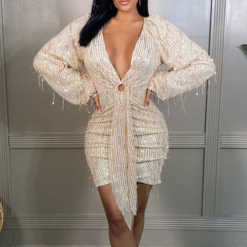 Sequins Deep V-Neck Long Sleeve Tassel Design Ruched Dress