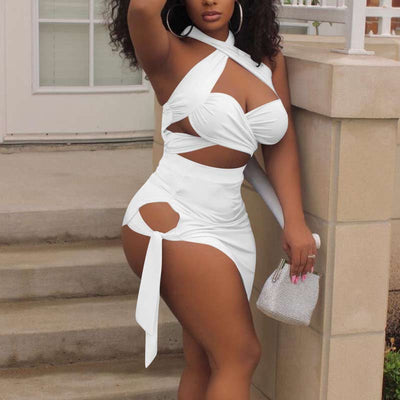 Solid Sleeveless Halter Bandage Skirt Set