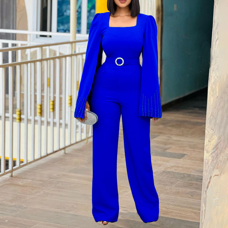 Beaded Square Neck Slit Sleeve Wide Leg Jumpsuit With Belt