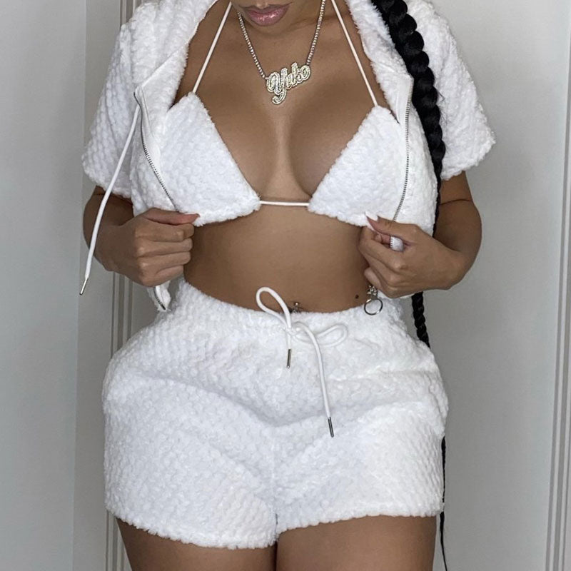 Solid Short Sleeve Fluffy Three Piece Set