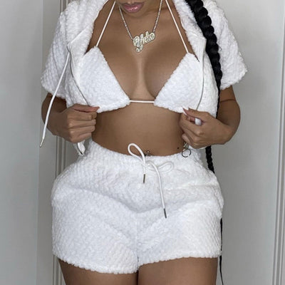 Solid Short Sleeve Fluffy Three Piece Set