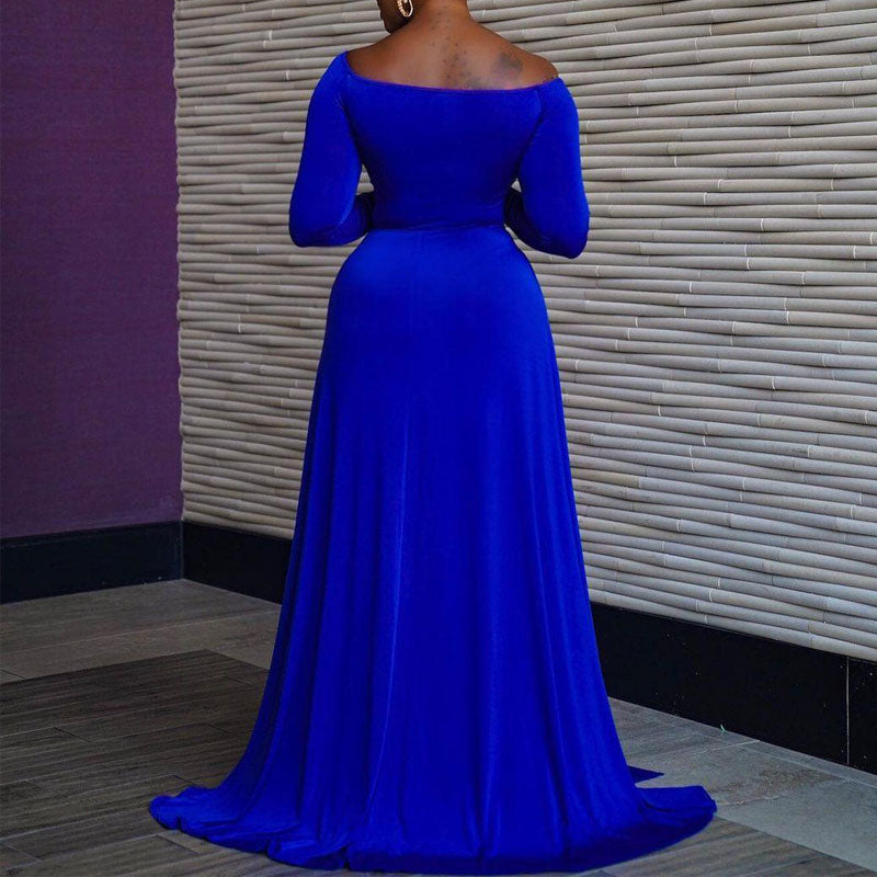 Solid V-Neck Long Sleeve High Slit Maxi Dress