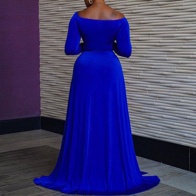 Solid V-Neck Long Sleeve High Slit Maxi Dress