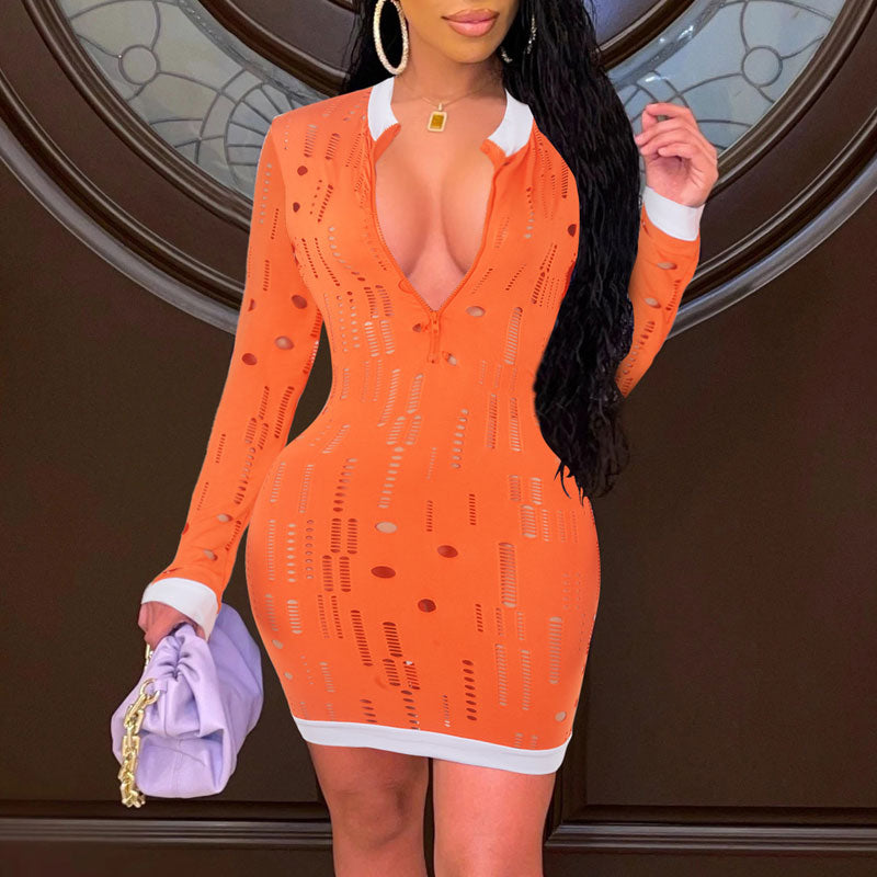 Colorblock Long Sleeve Zipper Design Hollow Out Dress