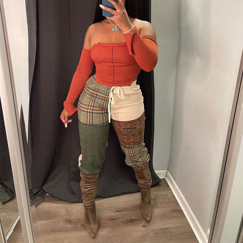 Plaid Pattern High Waist Casual Pants