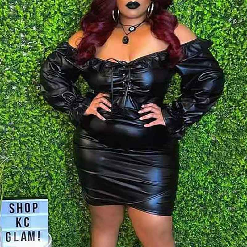 Solid Off Shoulder Long Sleeve Lace Up PU Leather Dress