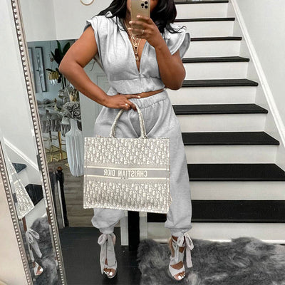 Solid Sleeveless Hoodie Top & Pants Set