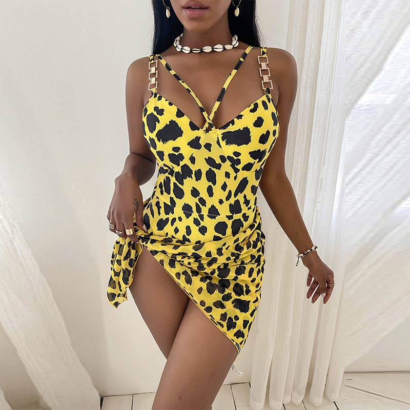 Leopard Pattern Chains Decoration Swimsuit Set