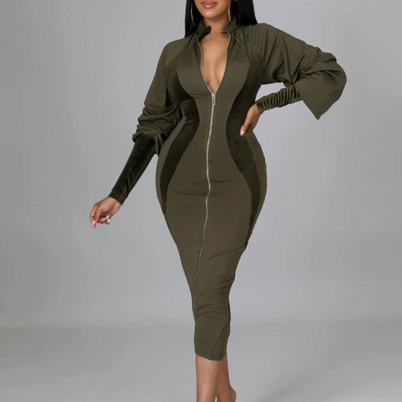 Velvet Patchwork Long Sleeve Zipper Design Midi Dress