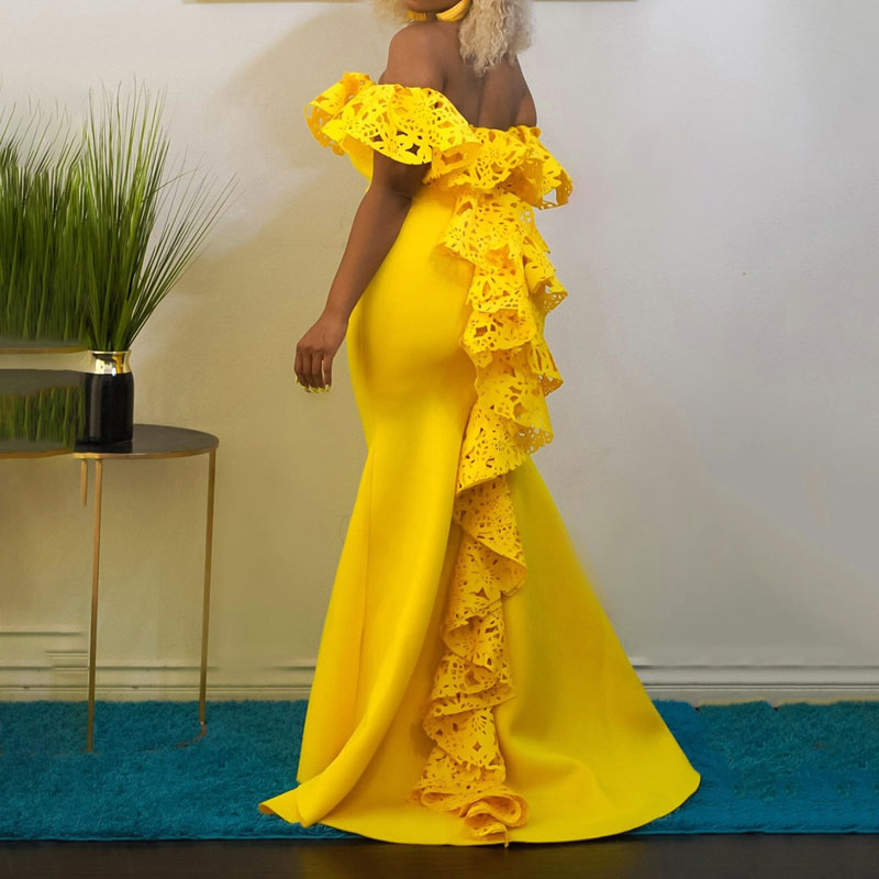 Solid Off Shoulder Ruffles Lace Patchwork Floor-Length Evening Dress