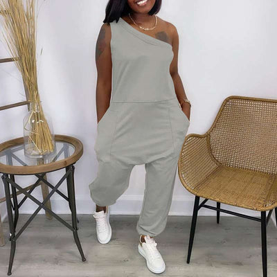 Solid Sleeveless One Shoulder Loose Jumpsuit
