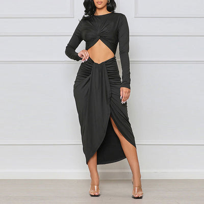 Solid Long Sleeve Cut Out Ruched Irregular Midi Dress
