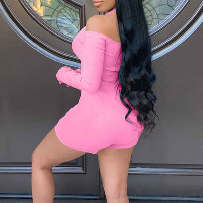 Solid Cold Shoulder Long Sleeve Romper