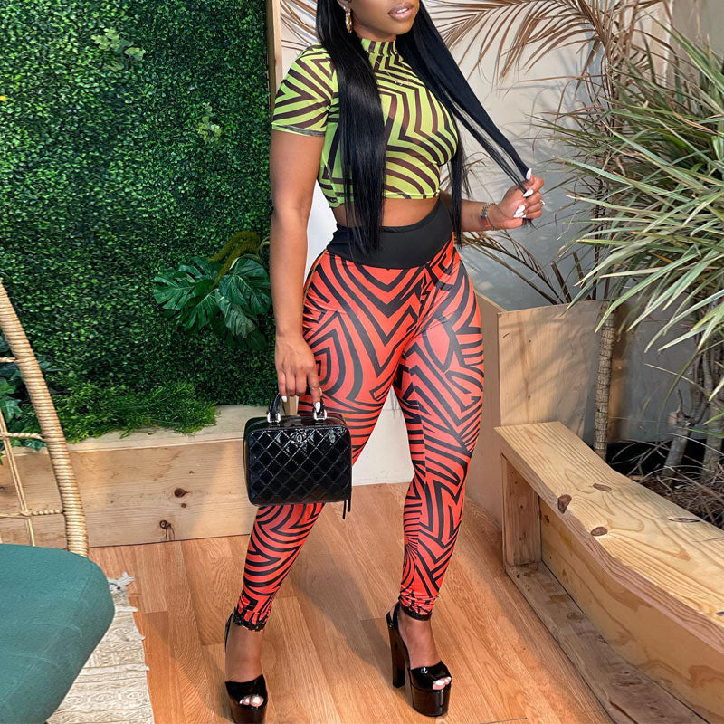 Colorful Print Short Sleeve Sheer Mesh 2PCS Pants Set