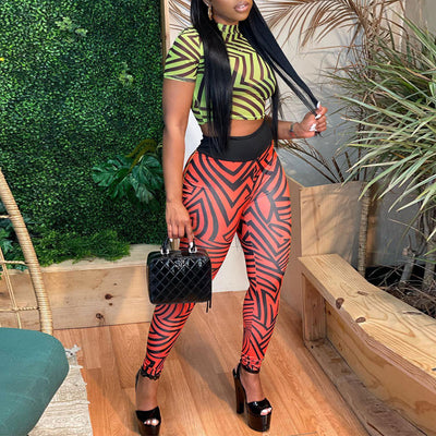 Colorful Print Short Sleeve Sheer Mesh 2PCS Pants Set