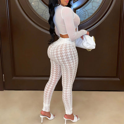 Houndstooth Pattern Long Sleeve Sheer Mesh Crop Top & Pants Set