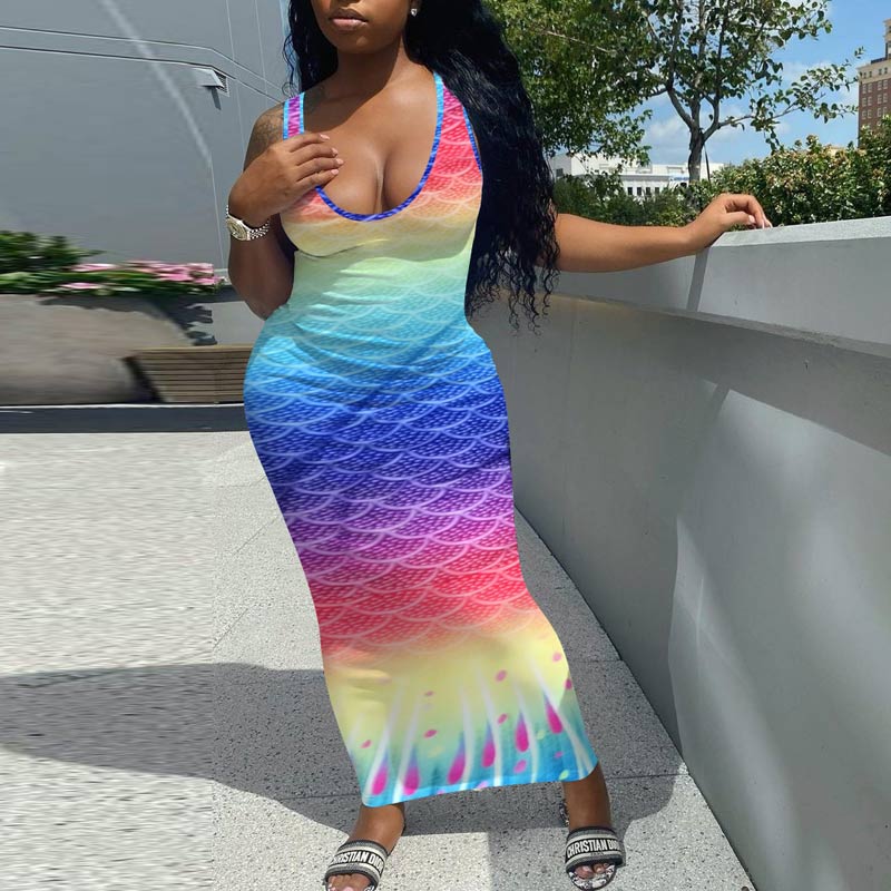 Gradient Color Sleeveless Fishtail Maxi Dress