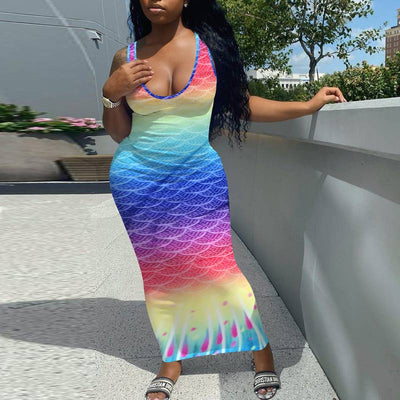 Gradient Color Sleeveless Fishtail Maxi Dress
