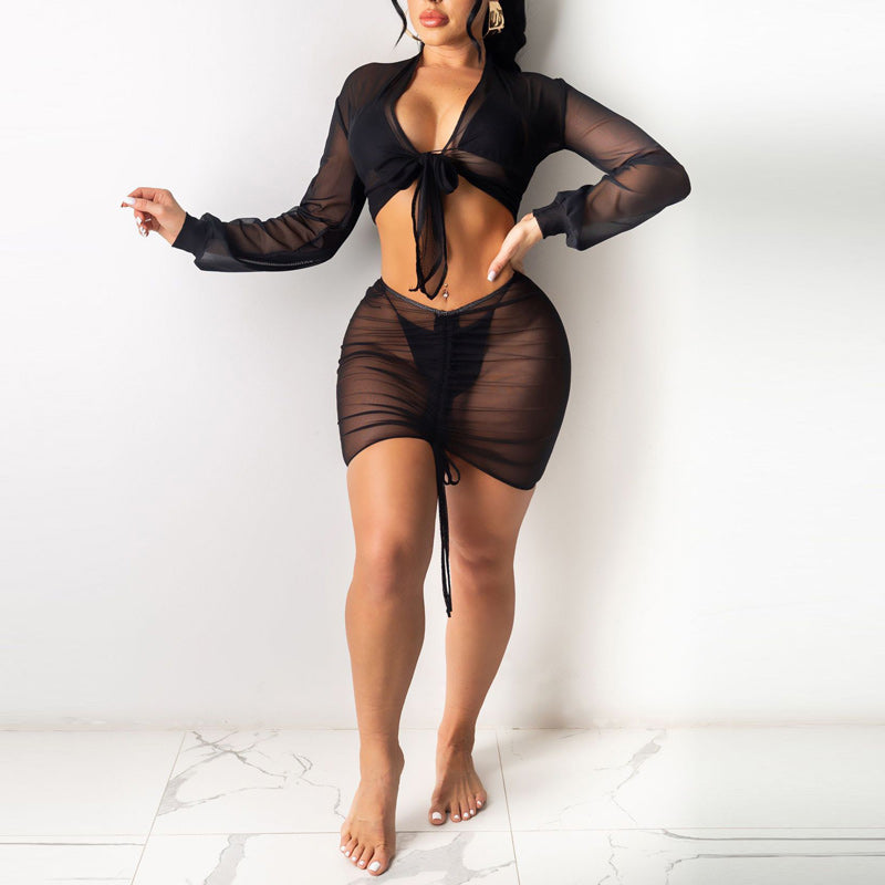 Sheer Mesh Long Sleeve Tops & Skirts Set