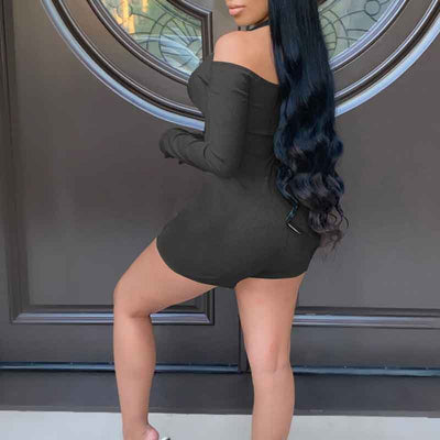 Solid Cold Shoulder Long Sleeve Romper