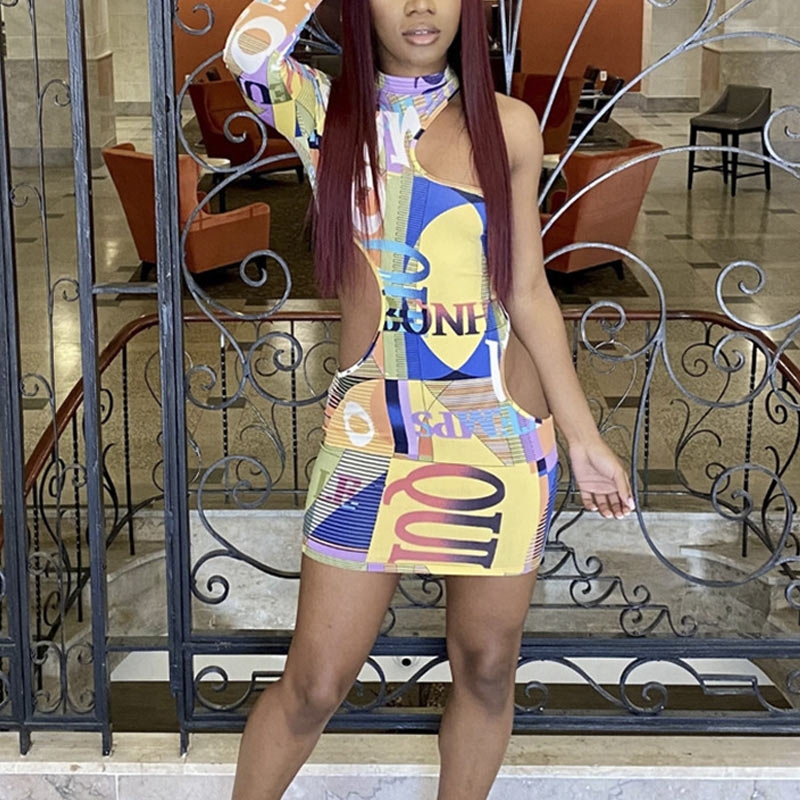 Letter Print Hollow Out Irregular Bodycon Dress