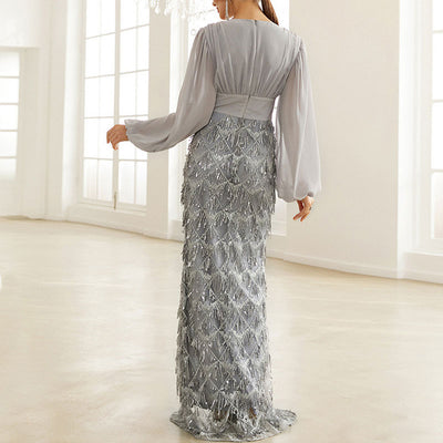 Sequins Long Sleeve V-Neck Tassel Design High Slit Evening Dress
