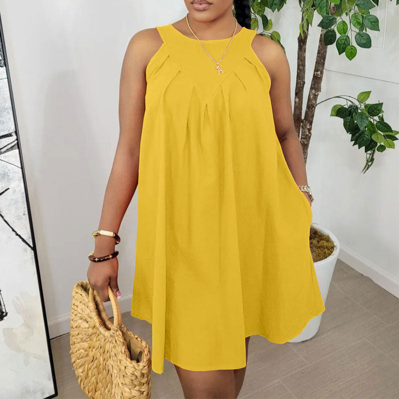 Solid Sleeveless Pocket Design Loose Mini Dress