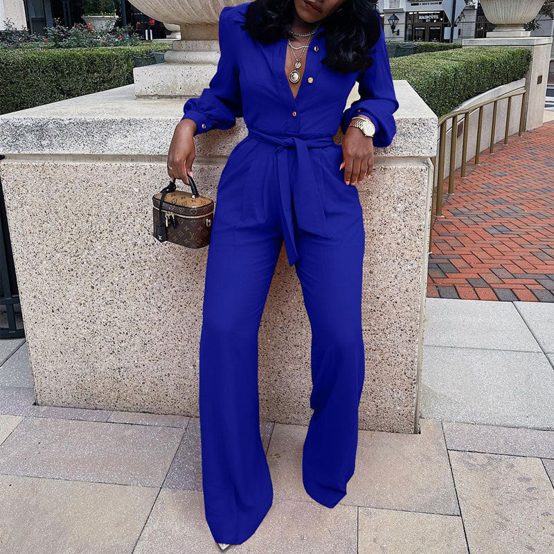 Solid Long Sleeve Button Detailed Belted Jumpsuit