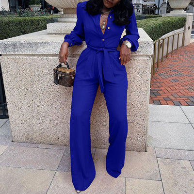 Solid Long Sleeve Button Detailed Belted Jumpsuit