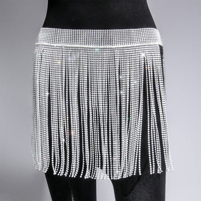 Rhinestone High Waist Tassel Design Skirt