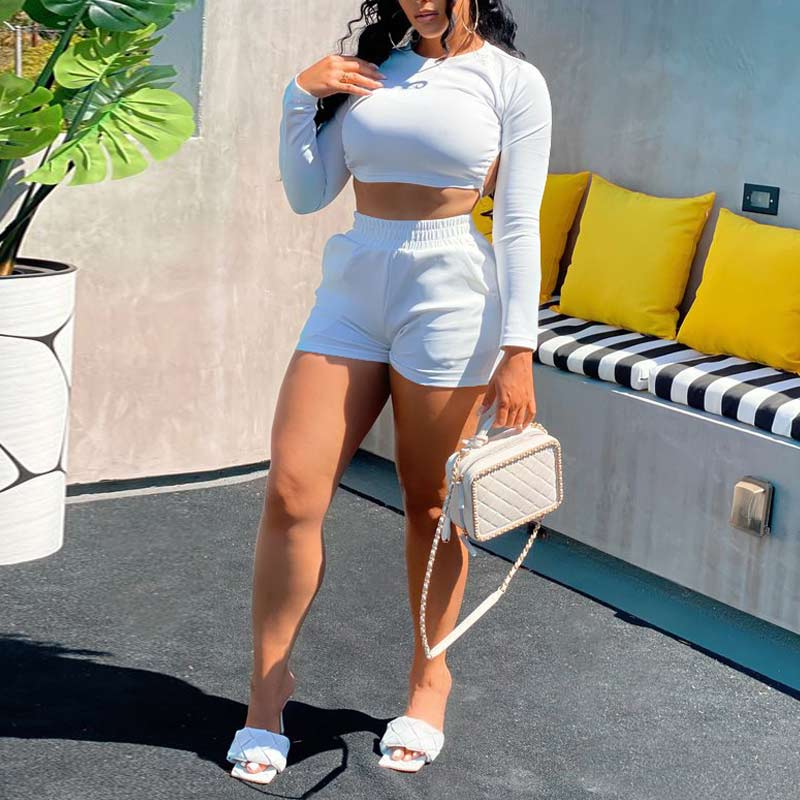 Solid Long Sleeve Backless Bangdage Two Piece Shorts Set