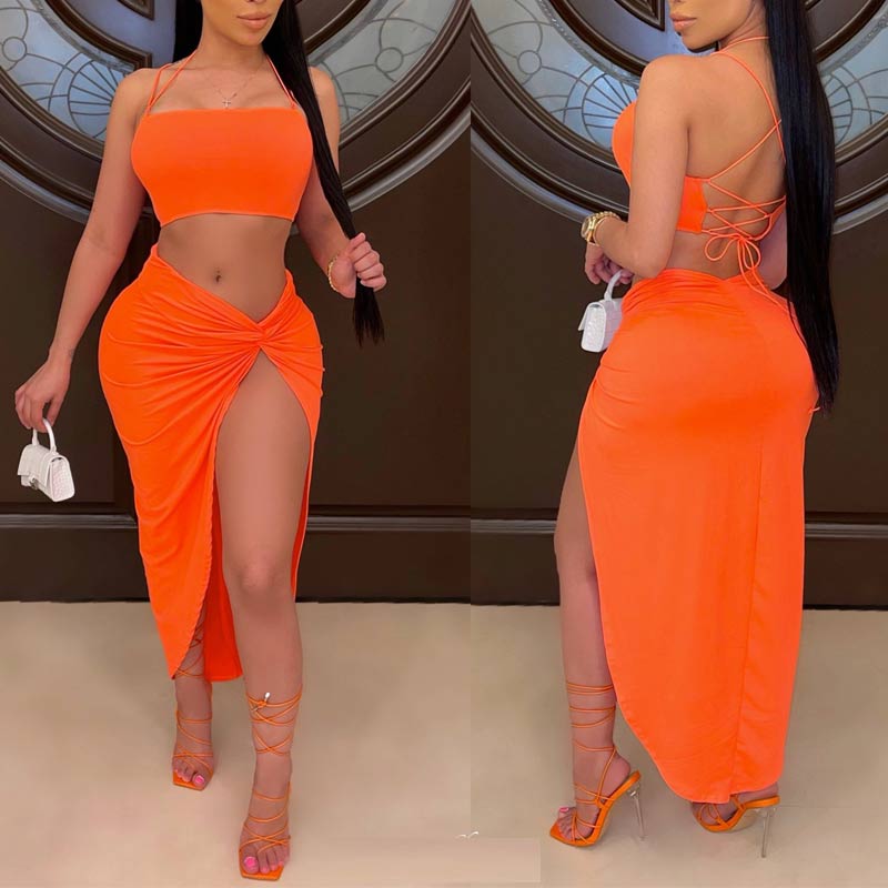 Solid Halter Sleeveless Crop Top & Skirt Set