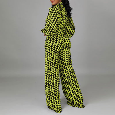 Houndstood Print Lantern Sleeve Belted Jumpsuit