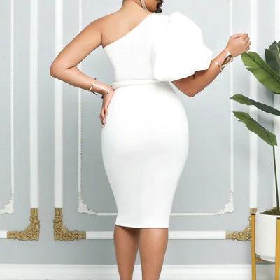 Solid Oblique Shoulder Puff Sleeve Ruffle Design Midi Dress