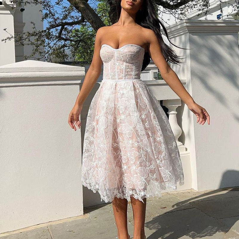 Solid Bandeau Floral Pattern Lace Big Swing Dress