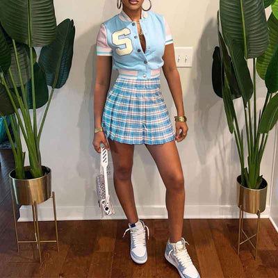 Letter Print Short Sleeve Baseball Coat & Plaid Pattern Skirt Set