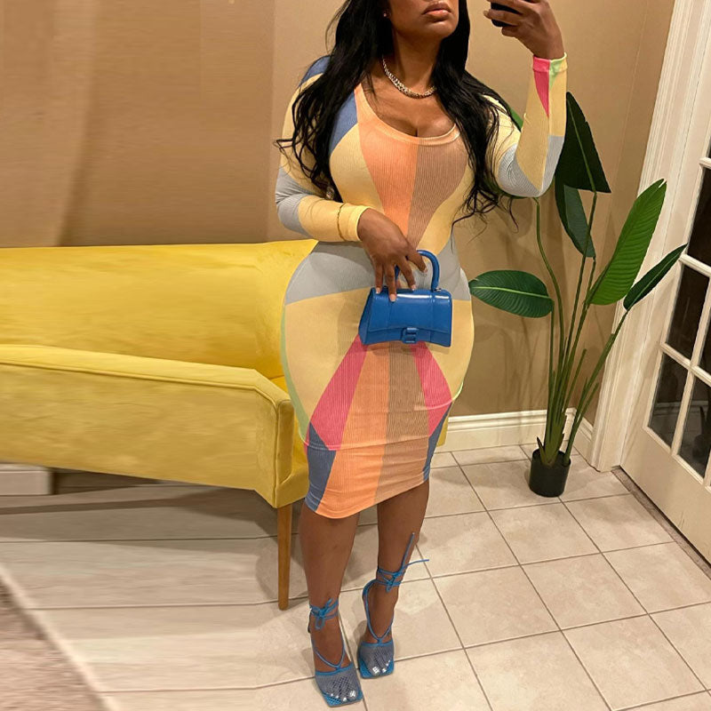 Colorblock Print Long Sleeve Bodycon Dress