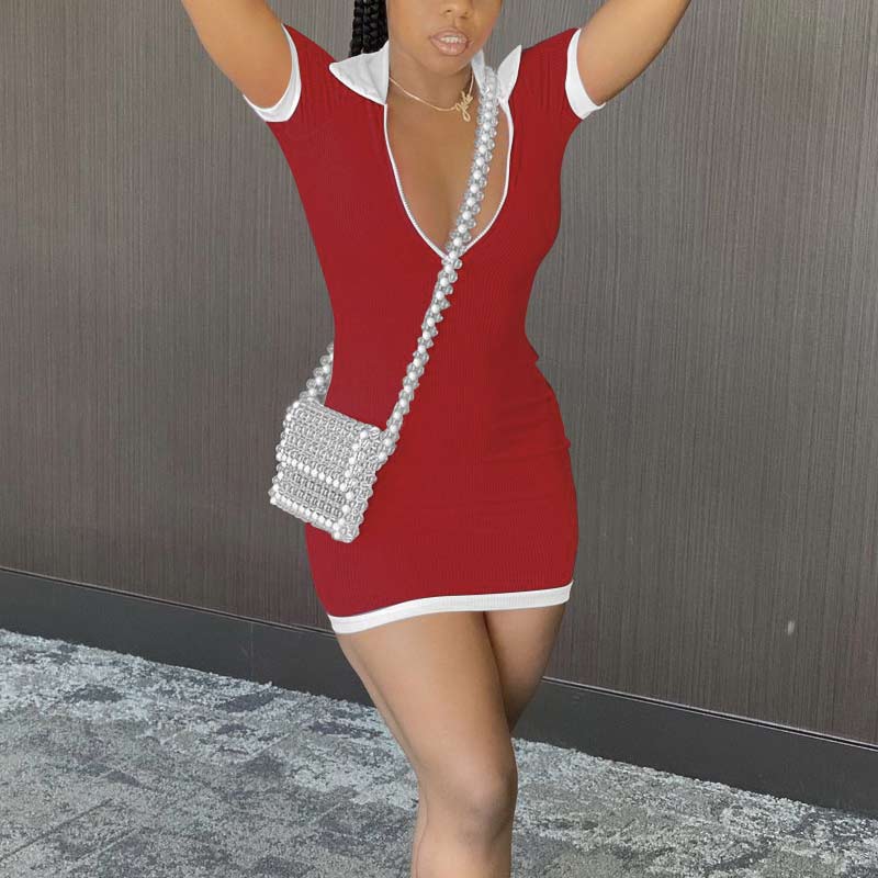 Colorblock Turn Down Neck Zipper Design Bodycon Dress