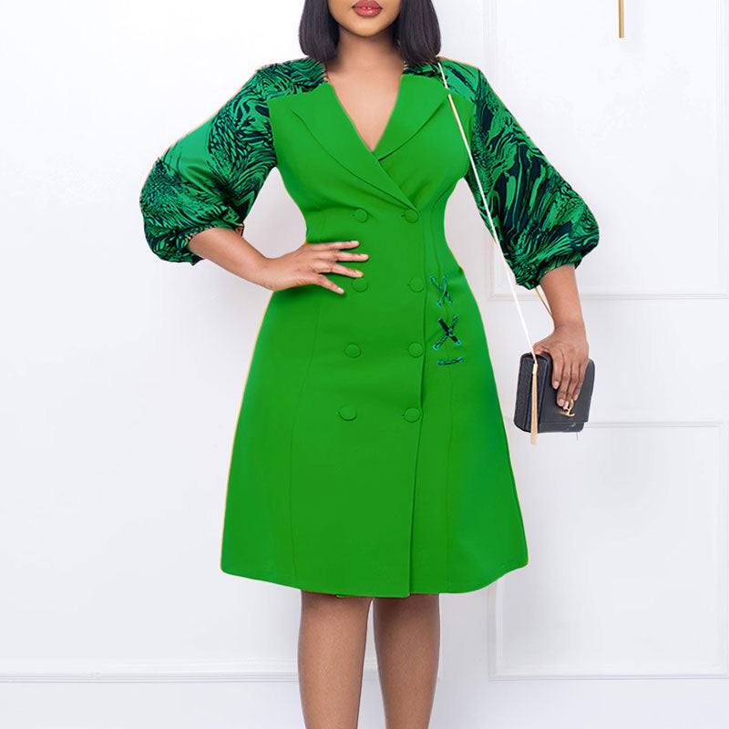 Print V-Neck Lantern Sleeve Blazer Dress