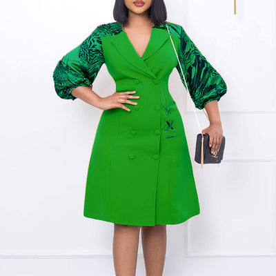 Print V-Neck Lantern Sleeve Blazer Dress