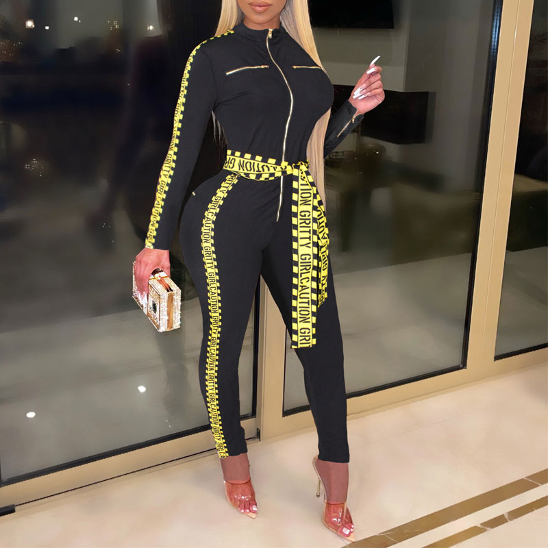 Letter Print Long Sleeve Zipper Design Skinny Jumpsuit