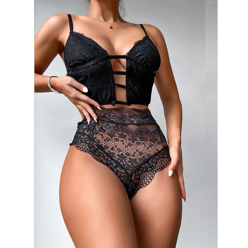 Solid Cut Out Bandage Lace 2PCS Lingerie Set