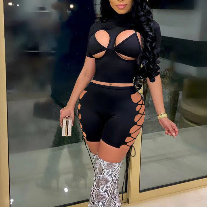Solid Hollow Out Lace Up Three Piece Set