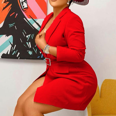 Solid Deep V-Neck Long Sleeve Belted Blazer Coat